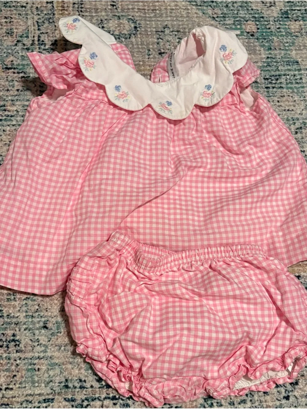 Pink Gingham Baby Dress & Bloomer Set - Floral Collar